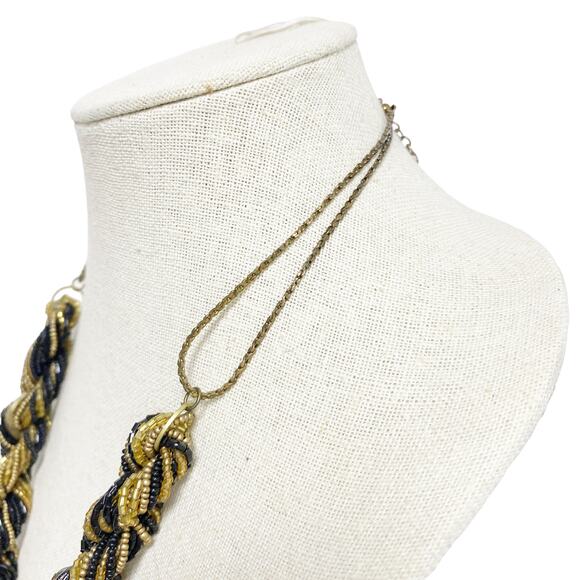 Vintage Twisted Beaded Rope Gold Black Chunky Statement Necklace - Picture 4 of 6